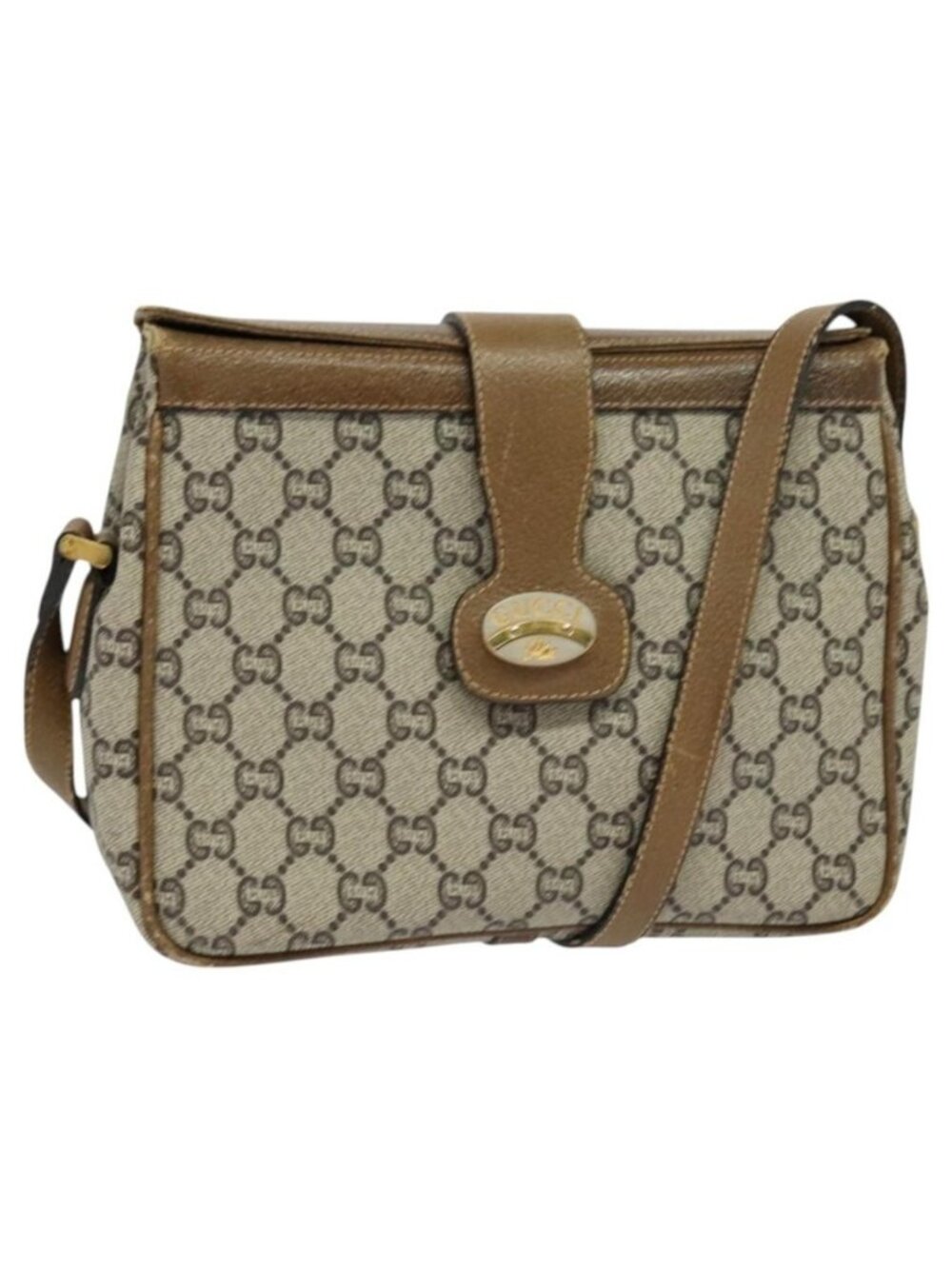 Authentic GUCCI GG Plus Supreme Shoulder Bag PVC Leather Beige Gold